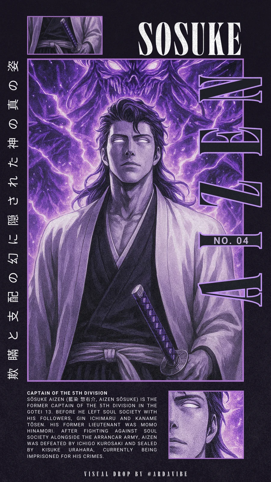 Sosuke Aizen — mor tonlarda tipografik anime poster tasarımı